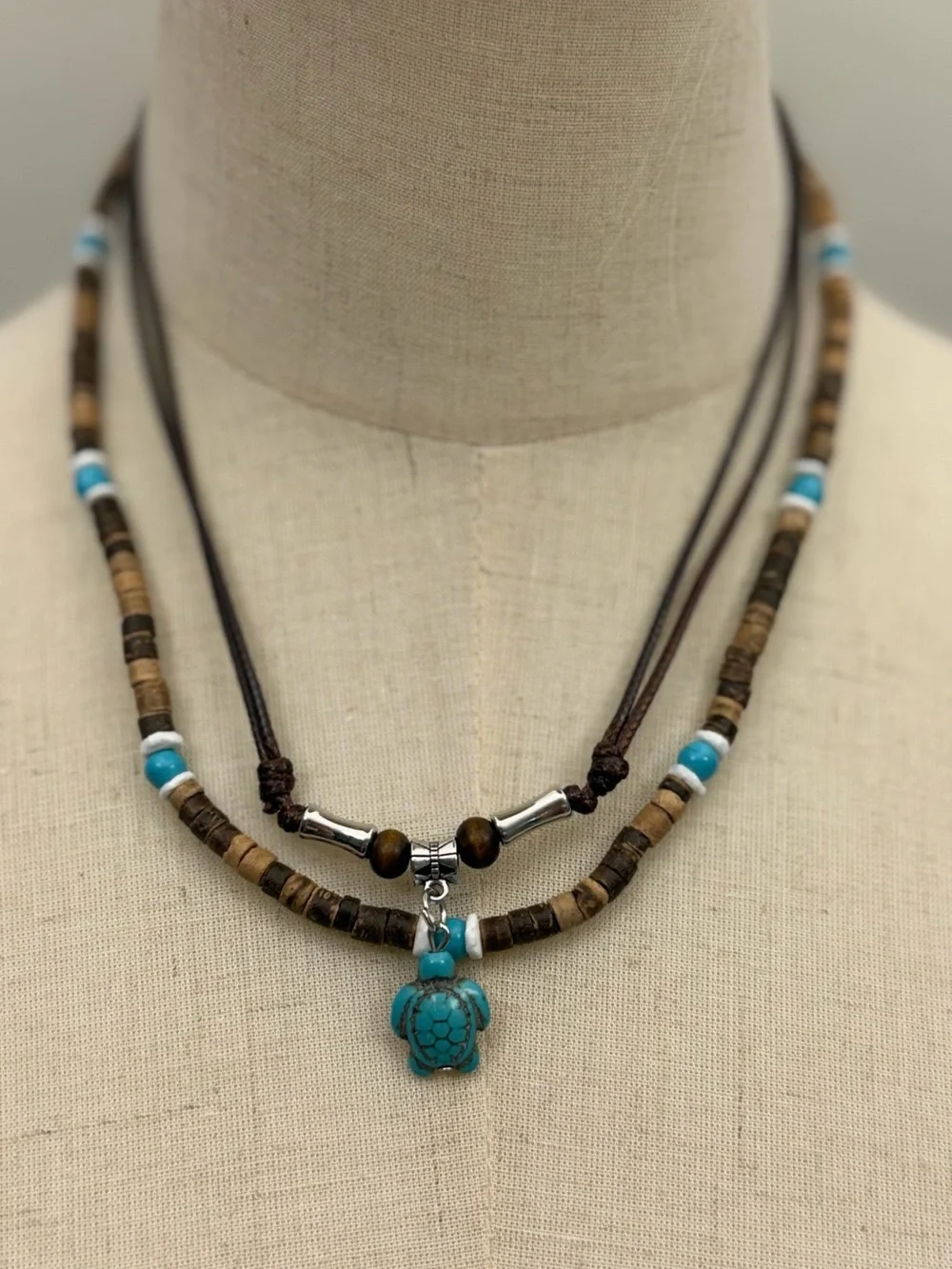 Layered Turtle Necklace Boho Beach Surfer Choker Turquoise Pendant Adjustable